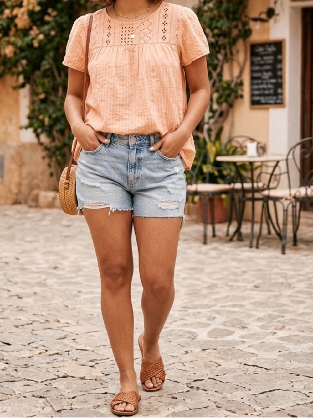 💥 $10 DEAL! 💥 Ella Moss Peach Striped Eyelet Lace Boho Blouse Flutter Sleeve🩷